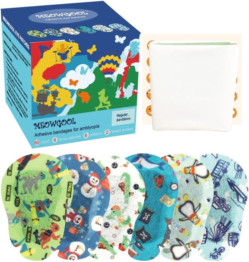 MEOWGOOL Adhesive Eye Patches for Kids with Lazy Eye, 60+6 Bonus Patches, Adhesive Bandages for Amblyopia, 6 Fun Boys Designs (Regular Size) - Image 1